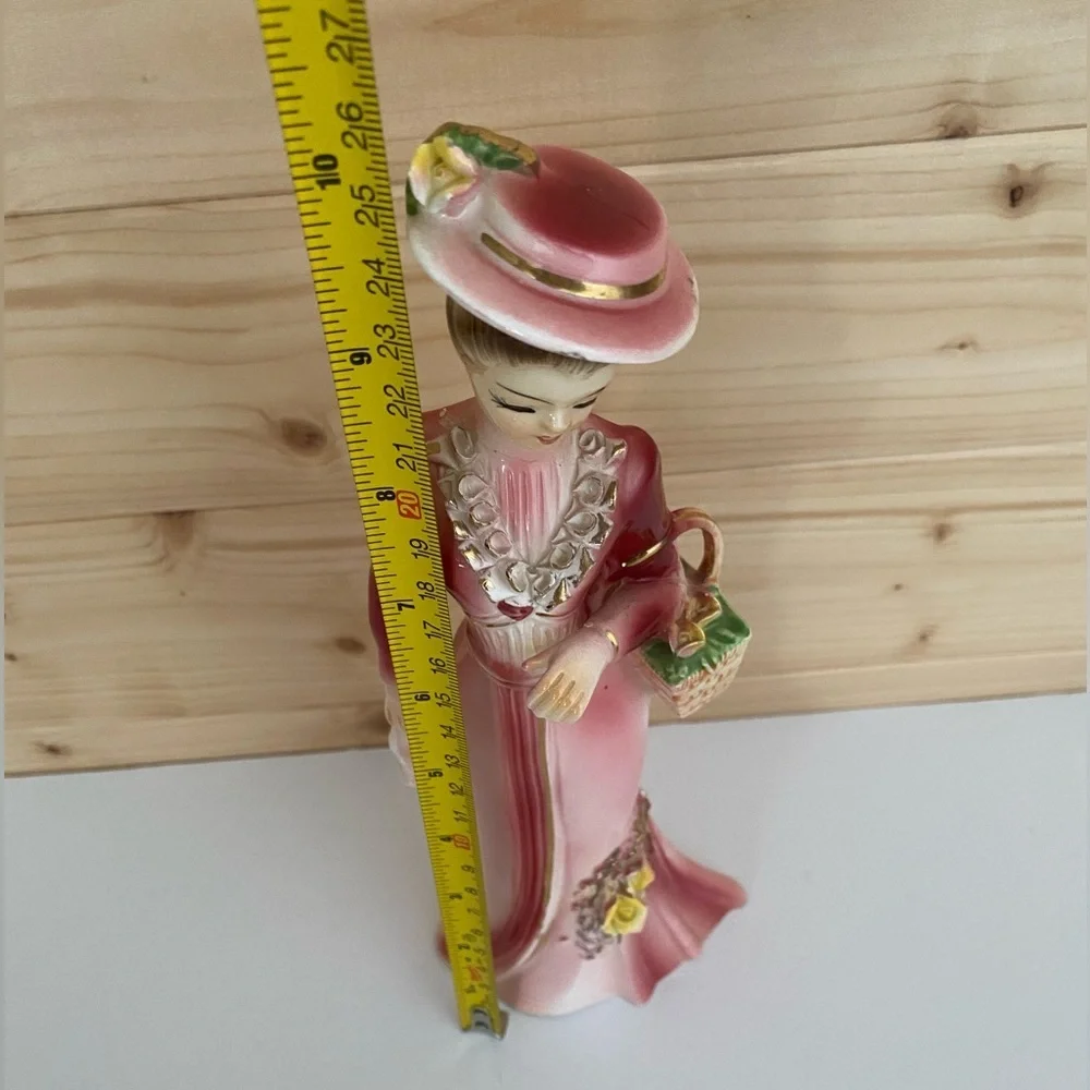 VINTAGE 10” Tall Victorian Lady Figurine Ruffled Accent Pink Dress Flower Basket